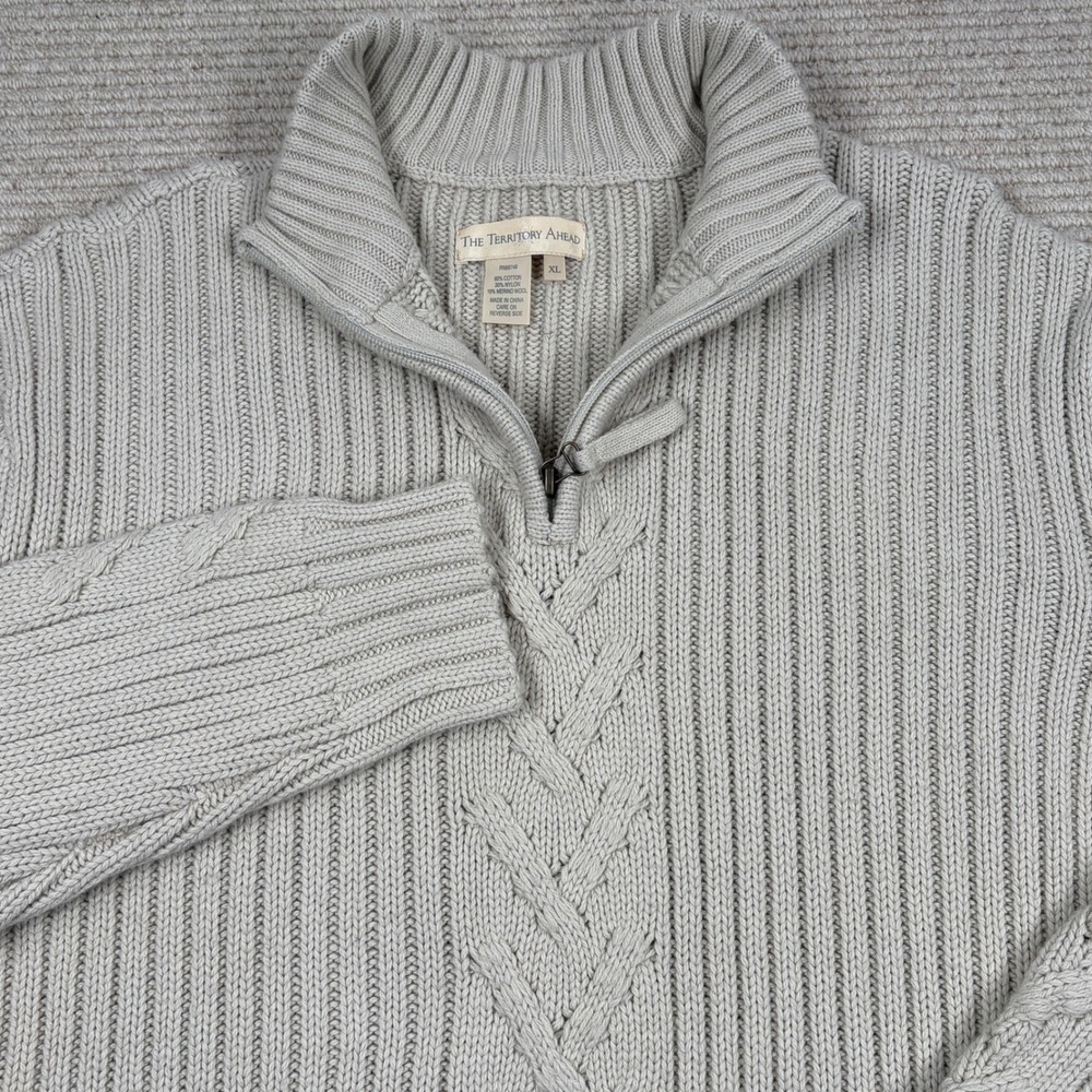 The Territory Ahead Quarter Zip Sweater Mens XL Cream Cable Knit Fisherman Prep